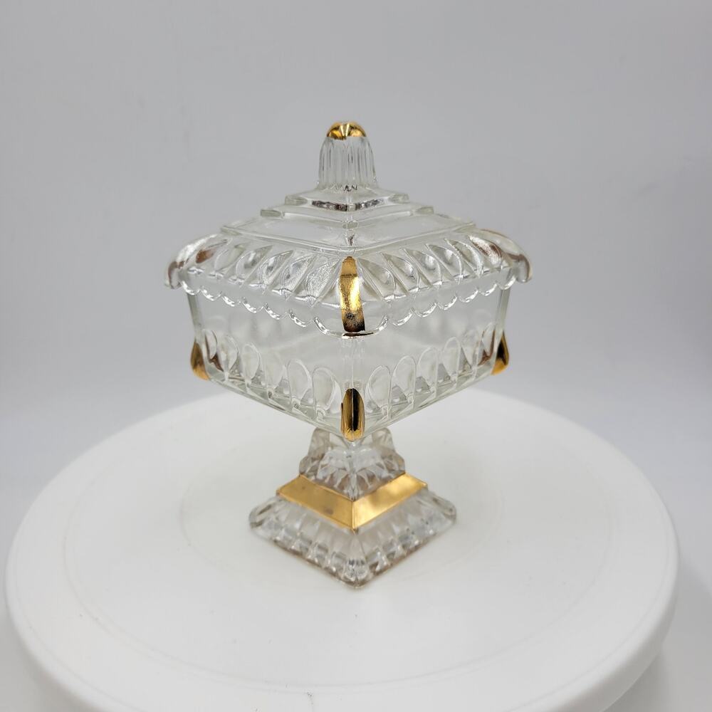 Vintage Jeannette Clear Glass Covered‎ Pedestal Candy Dish 6" with Gold Trim USA